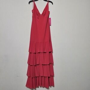 Badgley Mischka Maxi Dress Size 4 Raspberry V Neck Sleeveless Tiered Skirt New